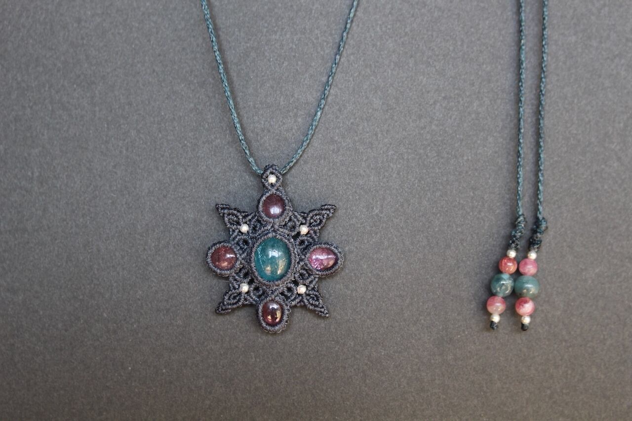 Blue Apatite & Pink Tourmaline micro macrame mandala pendant