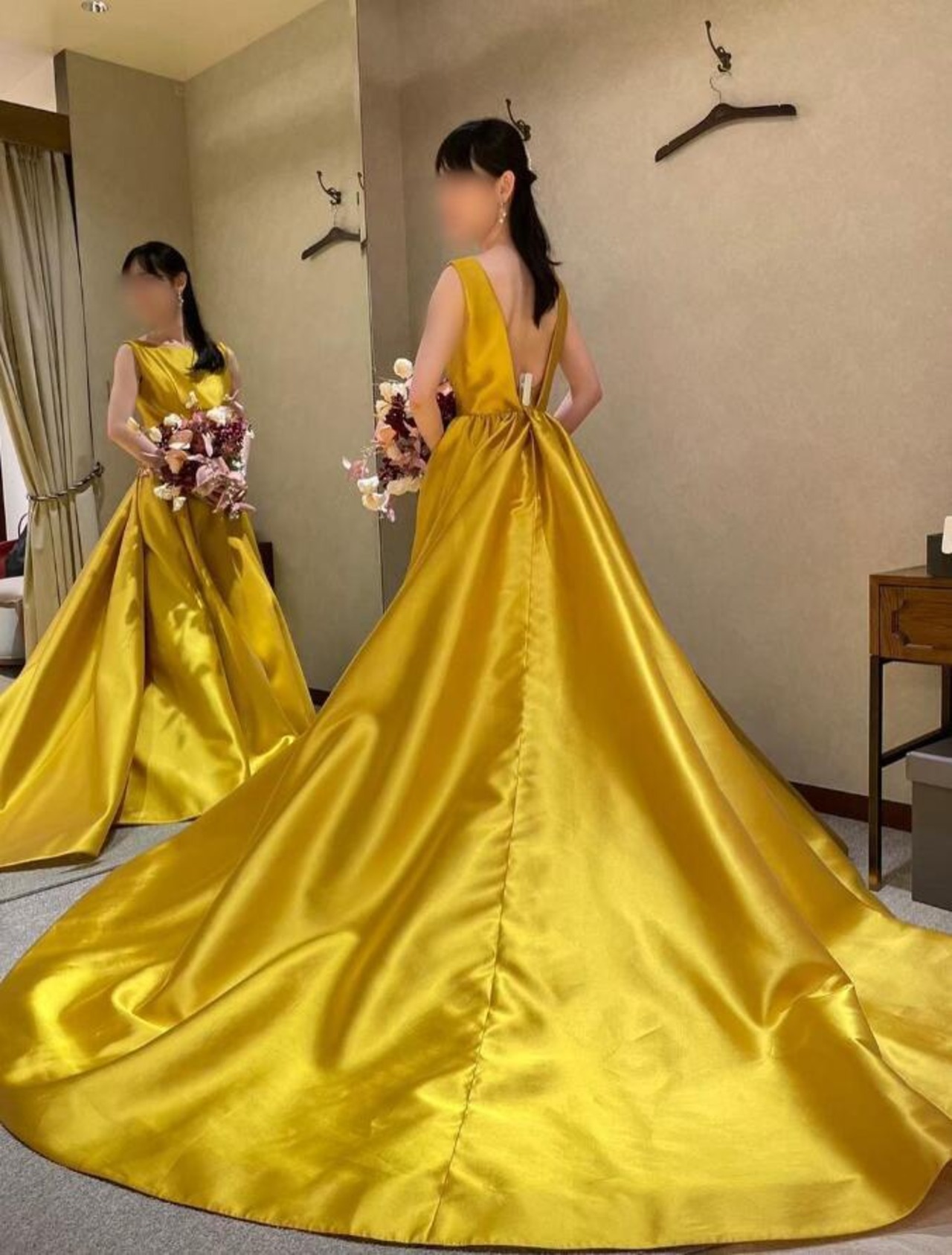 パーティードレス イエロー クルーネック バックレス 前撮り 2次会  