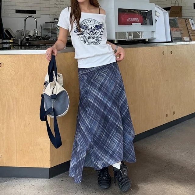ワンショルダーレトロエンブレムグラフィックTシャツ 2col R02446
