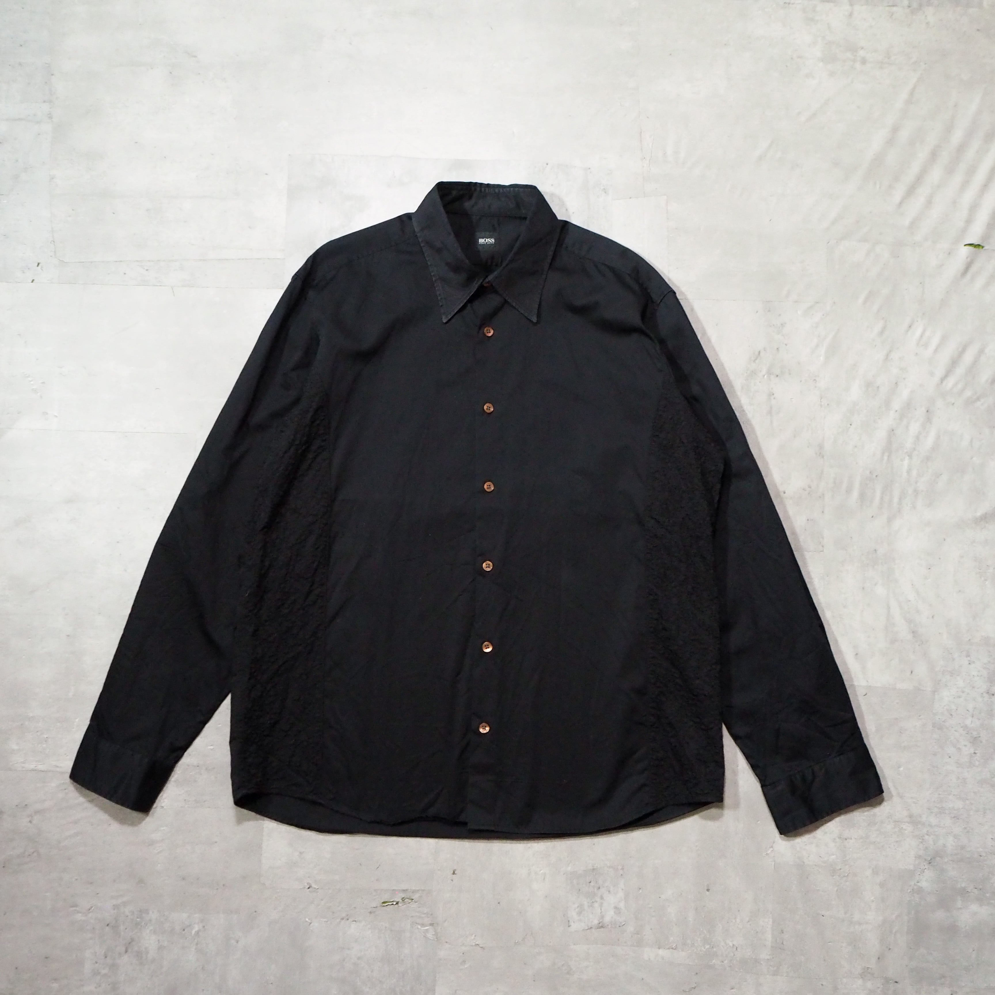 90s “HUGO BOSS” black frill long sleeve shirt made in Poland 90年代 ヒューゴボス  長袖シャツ ブラック フリルシャツ