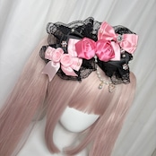 ♡ 姫GAL 薔薇付き パールチェーンリボンヘアクリップ vivid pink×black ♡