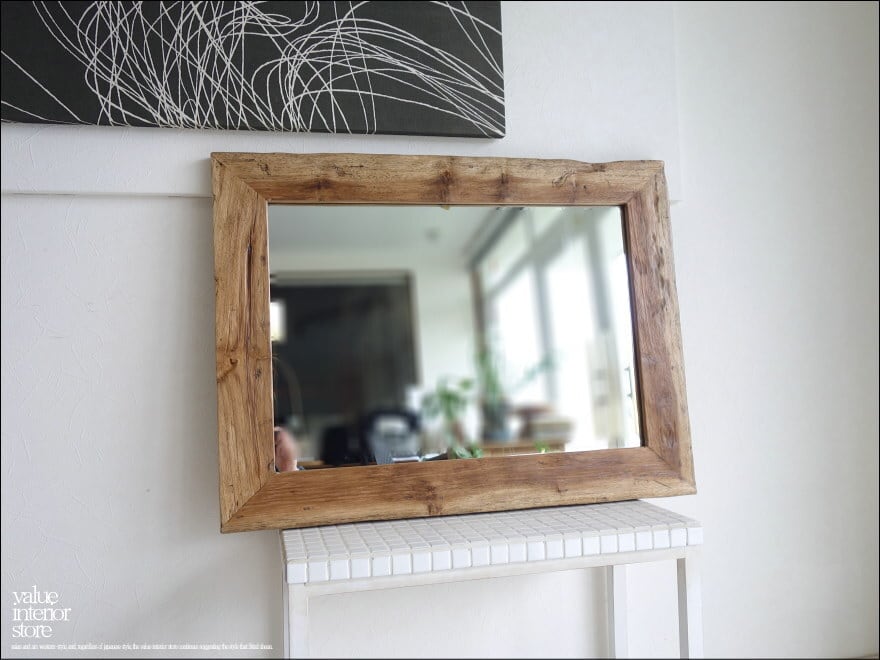 古材 鏡 オールドチークフレームミラー壁掛80A レトロ 天然木