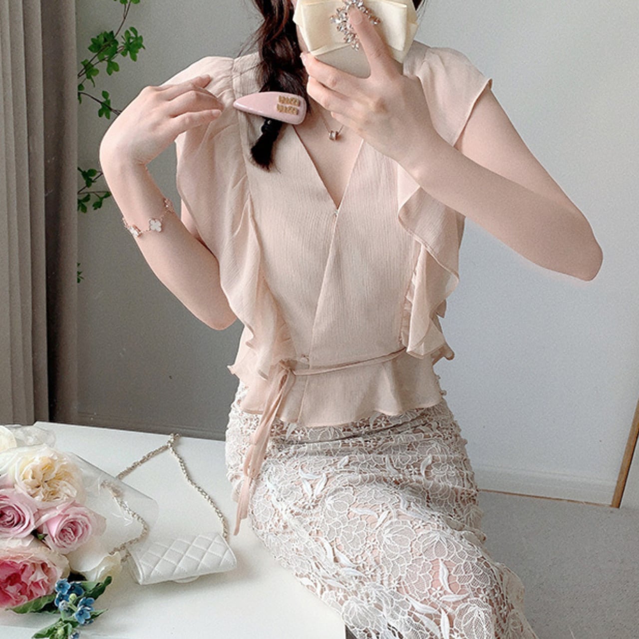 フリル シフォン ペプラム トップス