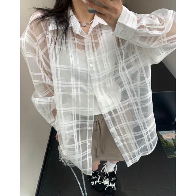 sheer check oversized shirt　シアーチェック柄オーバーサイズシャツ　J0920