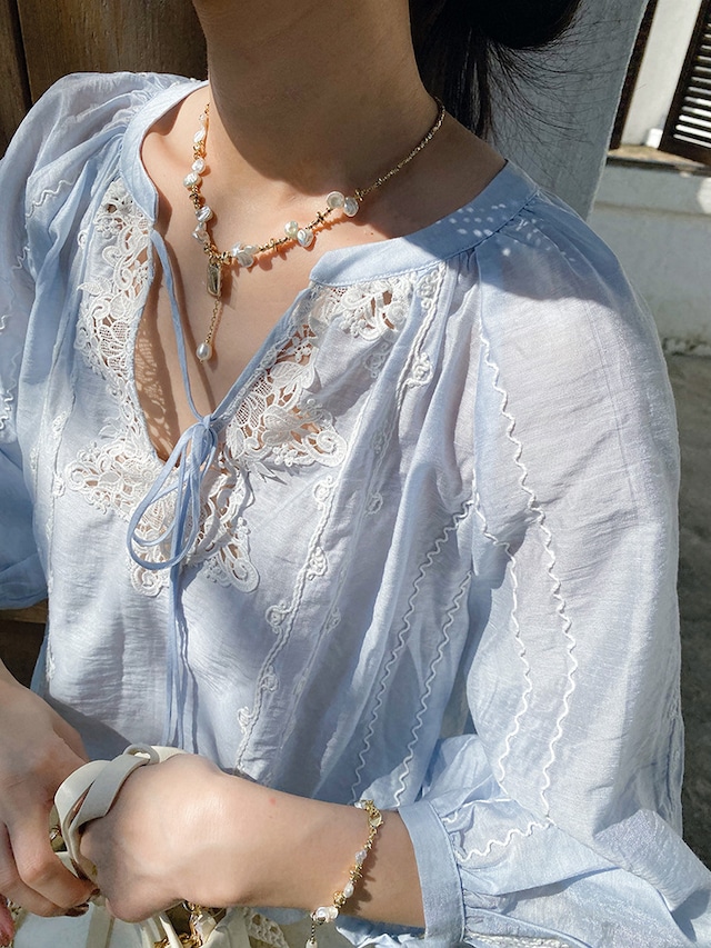 リネン素材フリンジリボンブラウス　3289