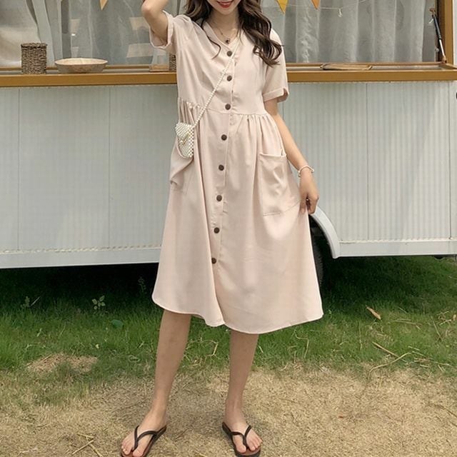 レディース フロントボタン ワンピース Vネック ミモレ丈 春 夏 コーデ