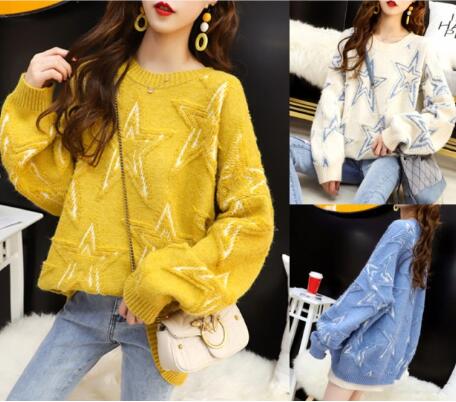 白/黄色/青☆星柄ニットセーター 大きいサイズ ニット Uネック