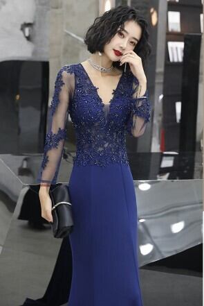 青いマーメイドドレス Vネック レースアップ