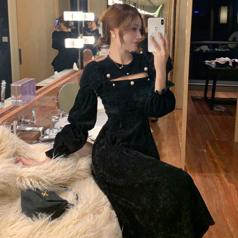 スタンダードスリーブベルベットドレス オータムハイウェストウェストAラインロングスカート レトロ 秋物 ガールズファッション64399761991