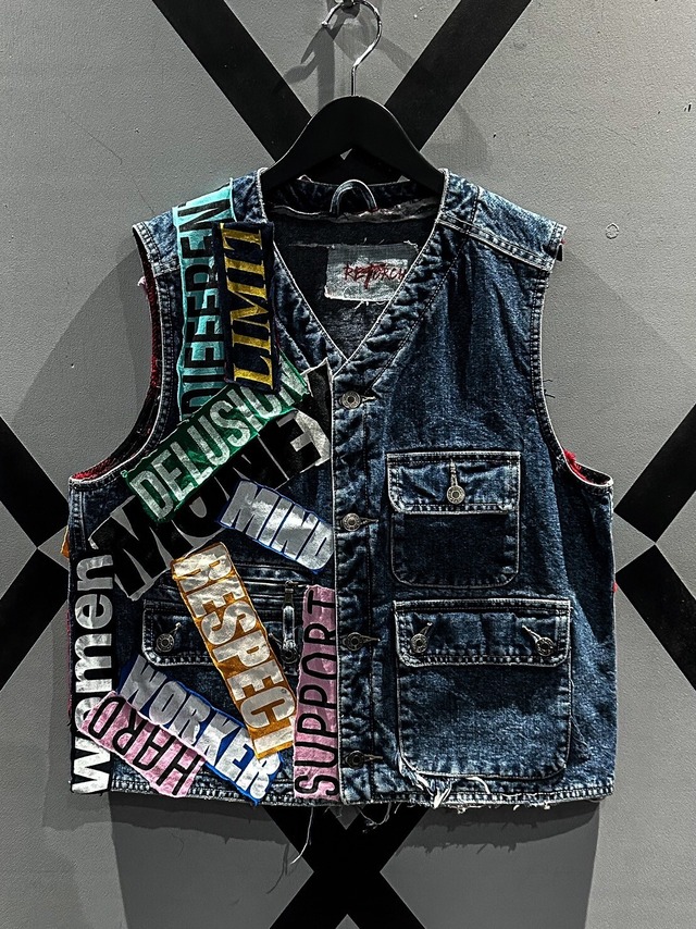 【X VINTAGE】Various Word Patch Design  Denim Vest