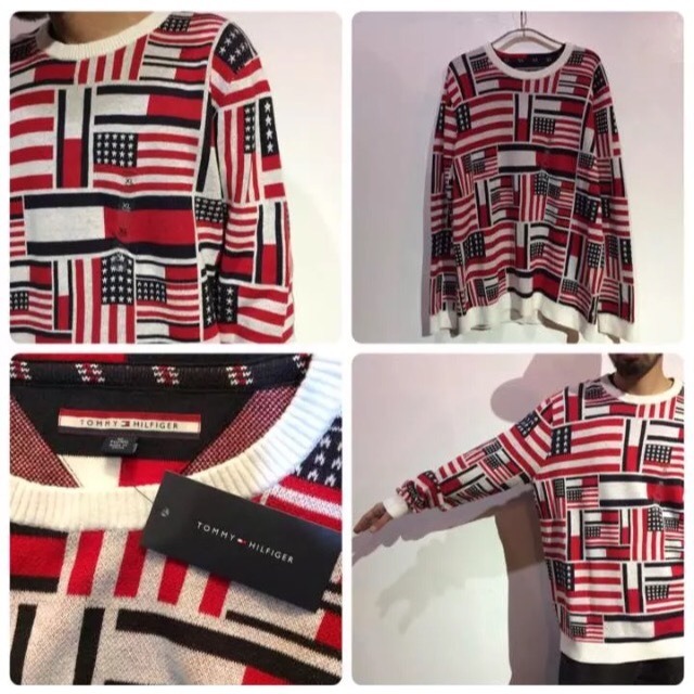 『送料無料』新品タグ付き Tommy Hilfiger 星条旗ロゴフラッグ総柄ニット XL