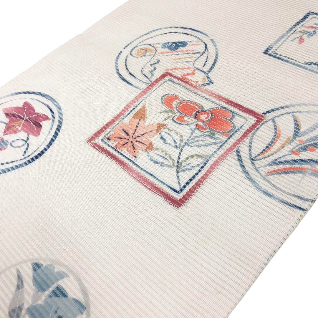 O-2663 夏帯 名古屋帯 絽 相良刺繍 草花 紅葉 巻物 乳白色 | リユース着物専門店 わびさび
