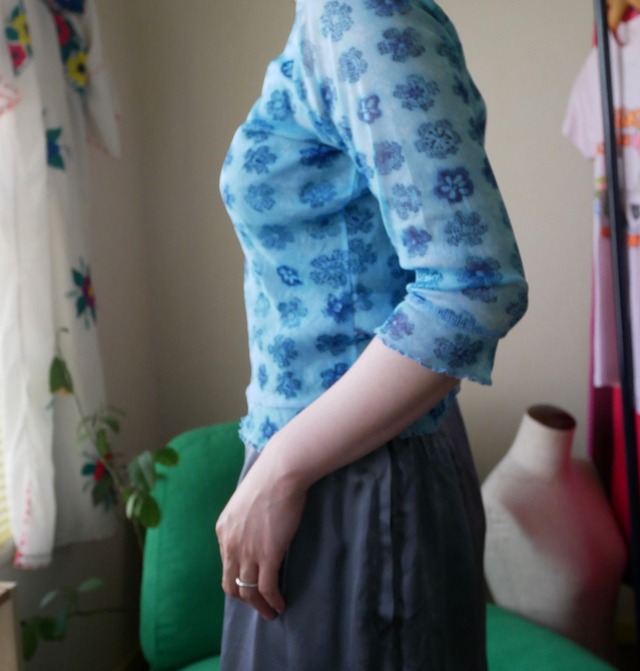 90s Vintage Sheer Floral Mesh Top - Blue