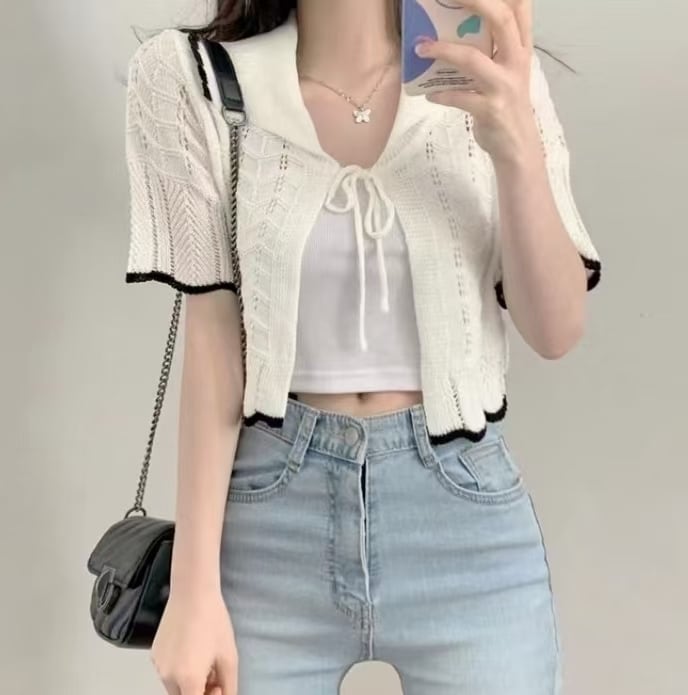 バイカラー5部袖カーディガン　AJ1079-7041