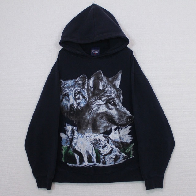 【Caka act2】Wolf Print Design Loose Pullover Hoodie