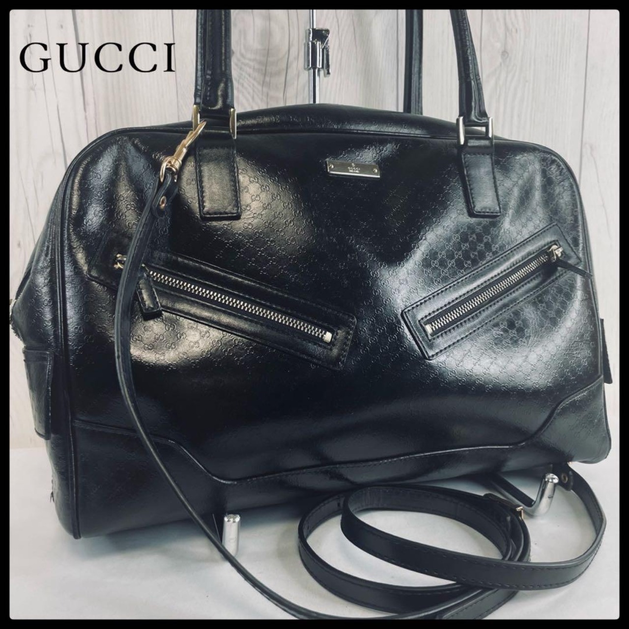 ◇美品◇ GUCCI グッチ マイクロ シマ ボストンバッグ レザー ブラック  