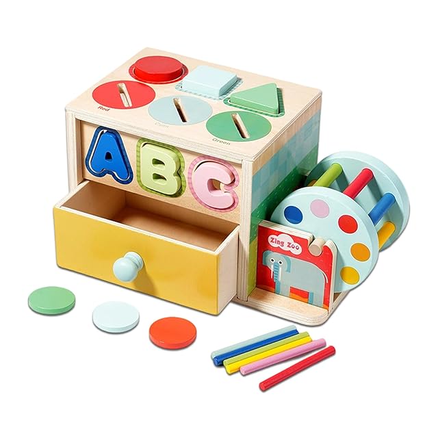 AOMACO 木製 おもちゃ 5面で遊べる 多機能知育ボックス 1歳 2歳 3歳 4