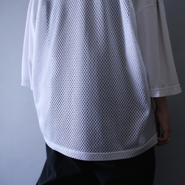 "Champion" white one-tone over silhouette mesh tee