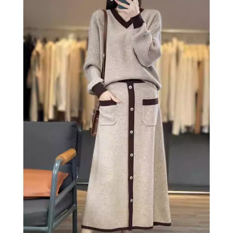 Wool Knit Set V-Neck Pullover Midi Skirt 3Colors 30068
