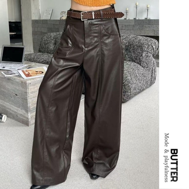 Belted Wide Faux Leather Pants 00886