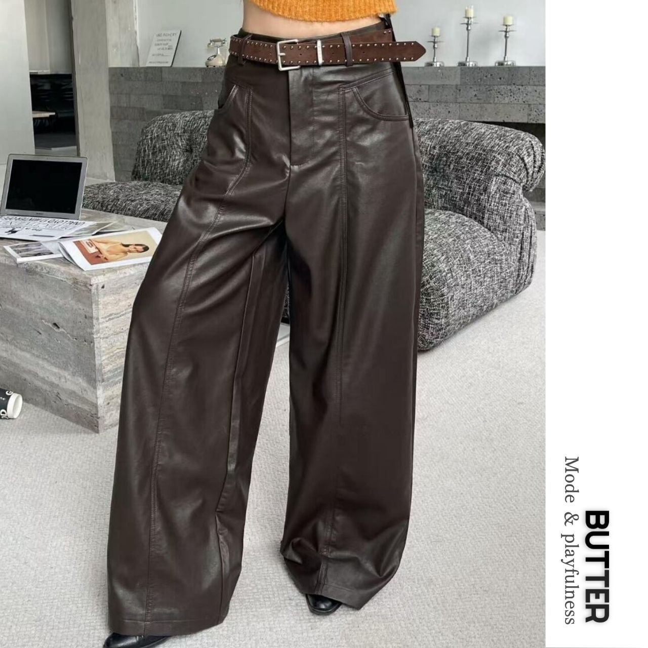 Belted Wide Faux Leather Pants 00886