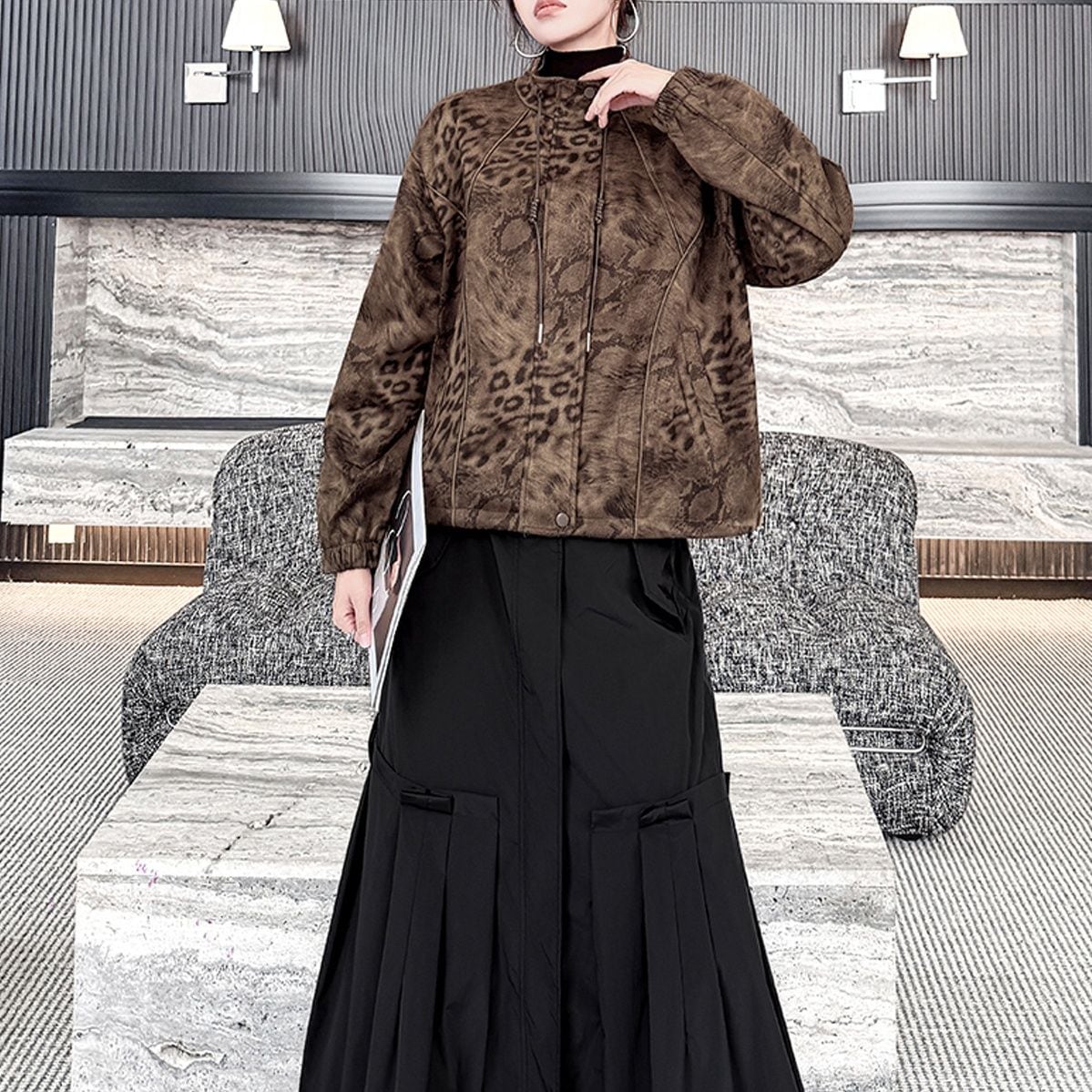 LEOPARD PRINT STAND COLLAR DRAWSTRING JACKET M-18602