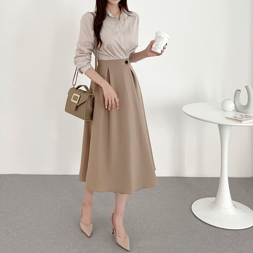 ワンピース シャツ ブラウス ロングスカート ロング丈 長袖 襟付き Aライン 大人可愛い きれいめ 大人 上品 おしゃれ ストライプ 春 秋 入学式 入園式 卒業式 卒園式 謝恩会 10代 20代 30代 40代 50代 オフィス ビジネス OL 通勤 学生 通学 デート お出かけ 着回し 韓国 ファッション スタイル 新作 フリーサイズ ブルー アプリコット