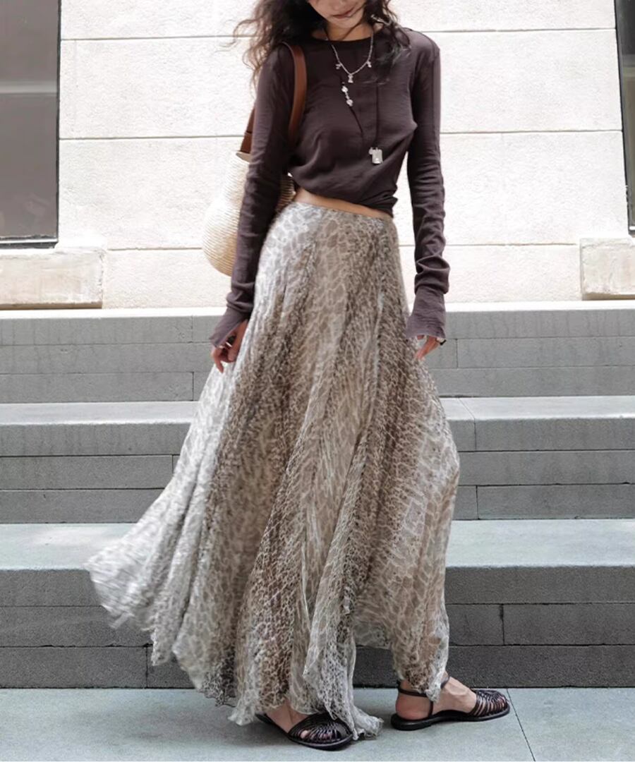 ブラウンTシャツ&プリントスカート◆セットアップ【s-40164】