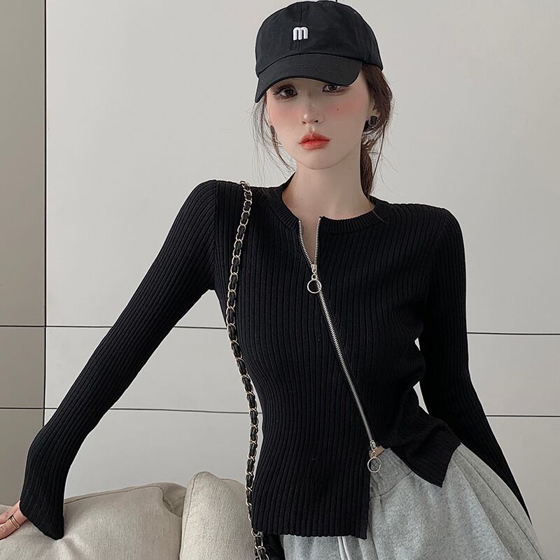 ジッパースリットクロップトップ トップス ロング オータム 秋物 ハンチェンe37941520783