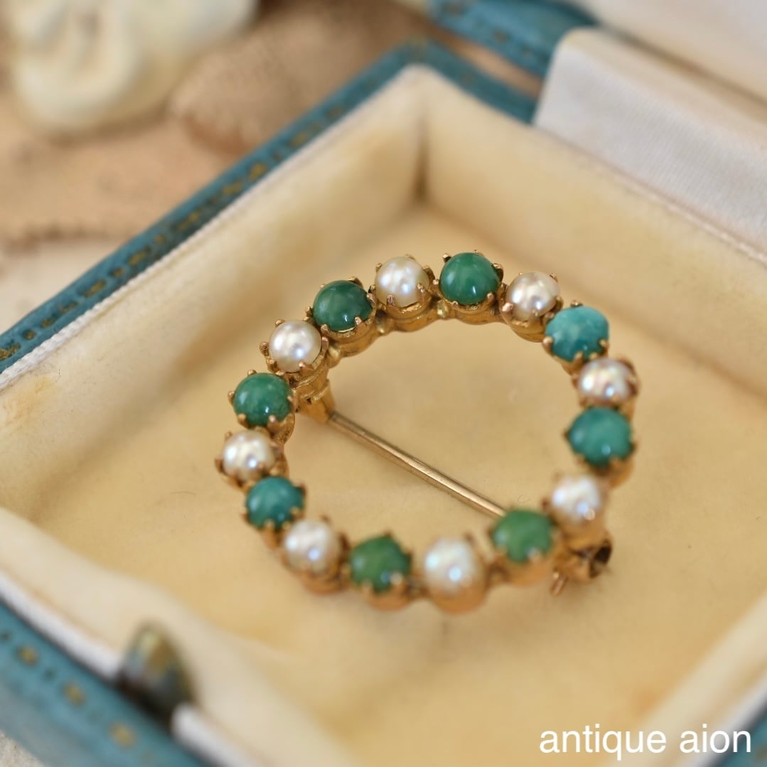 英国ビンテージ 9Kゴールド　 シードパールのブローチ アンティーク 9Kゴールド 合成ルビー シードパール バーブローチ