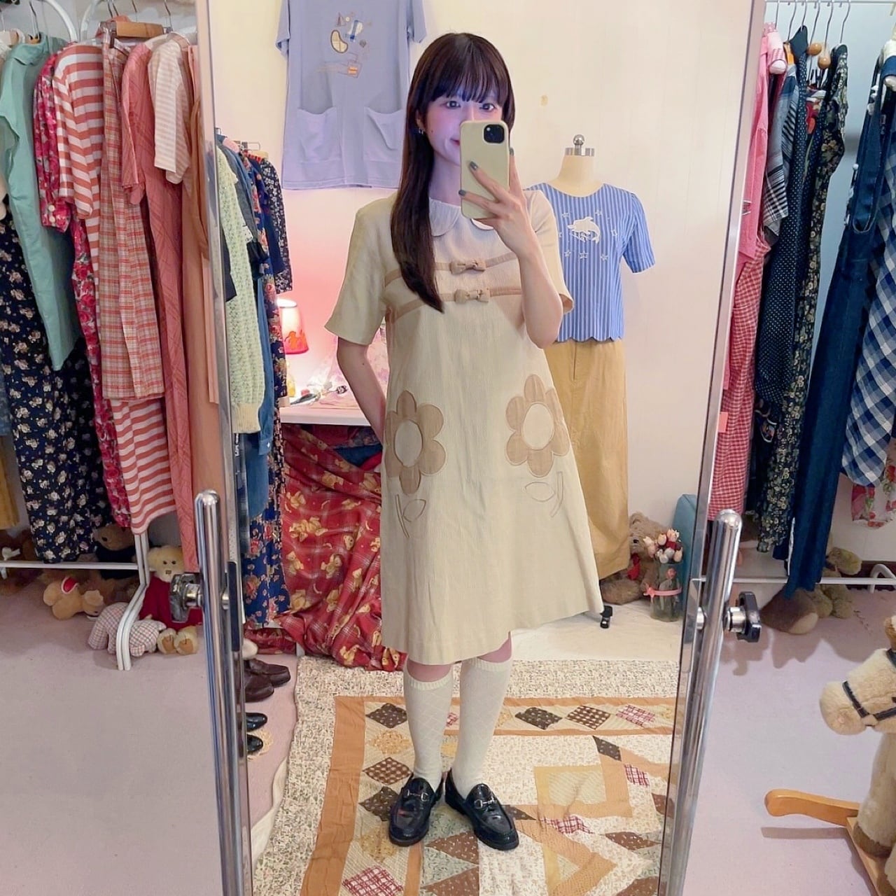 ribbon beige corduroy one-piece
