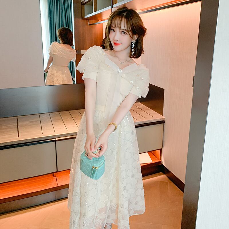 メッシュセーター ハイウェストウェストFlowerデザイン スカート サマー 夏物 フラワーデザイン ステッチ MIUCO95691972589