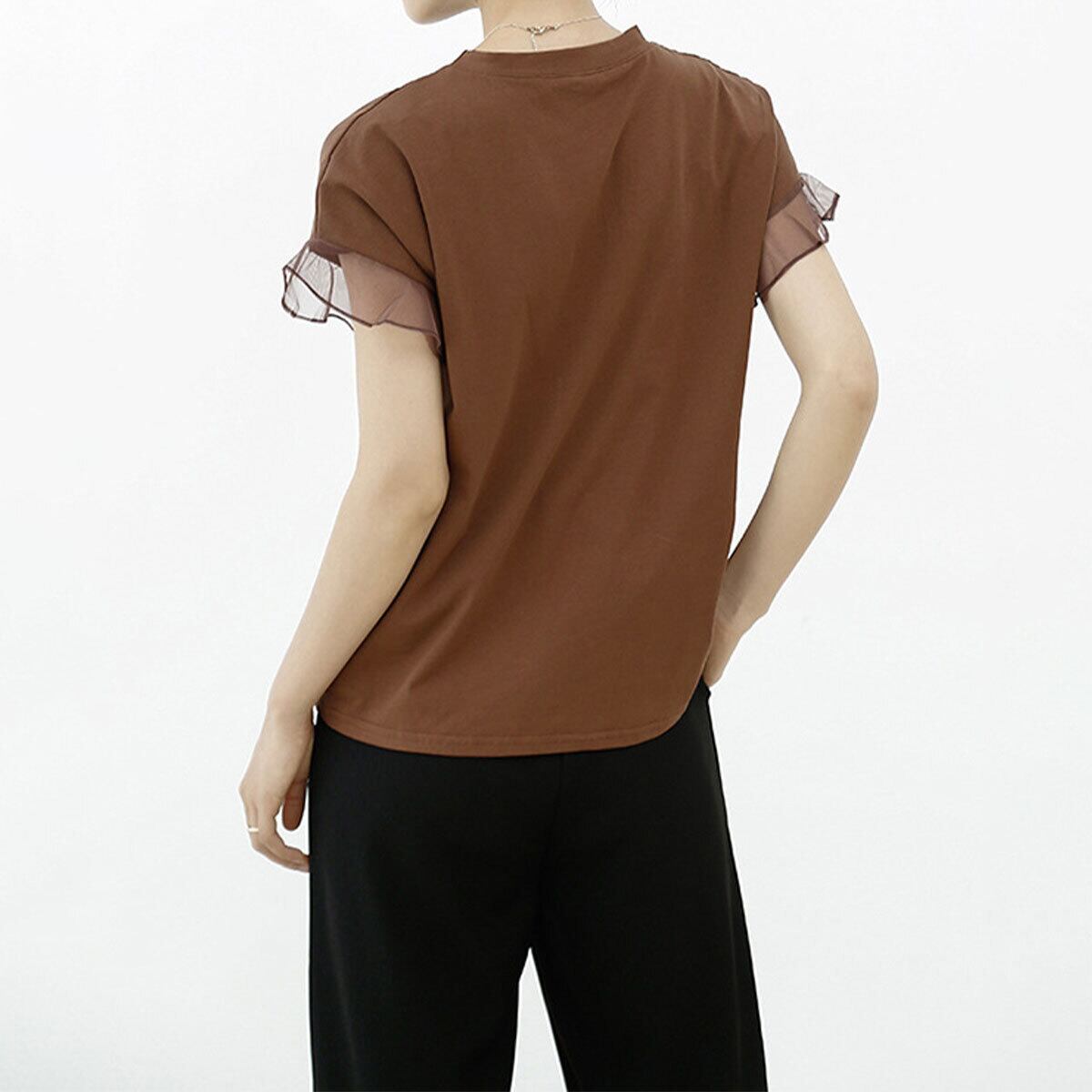 袖チュール Tシャツ レディース 春夏 韓国 きれいめ 大人 かわいい おしゃれ シンプル カジュアル フェミニン 半袖 無地 トップス 大人可愛い 大人女子