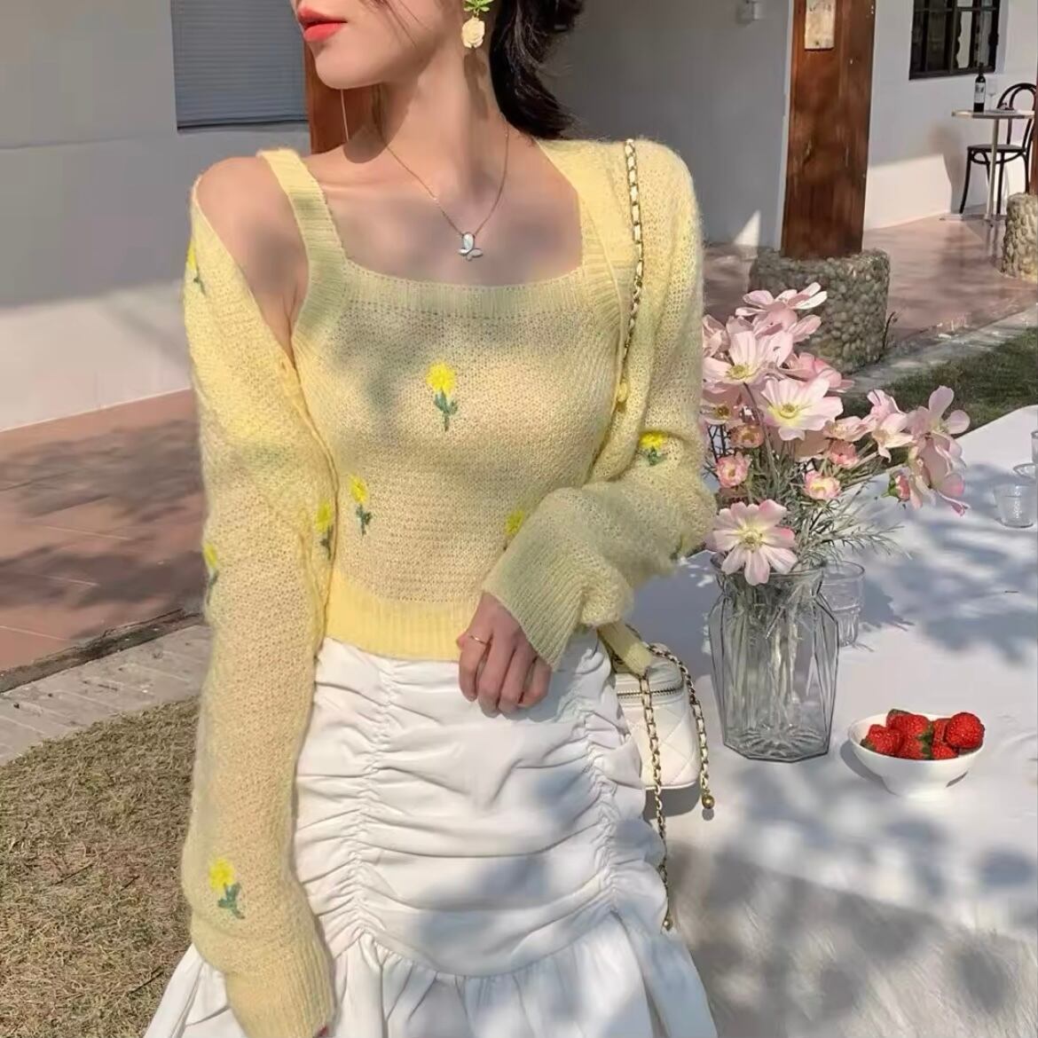 フラワーステッチカーディガンセット