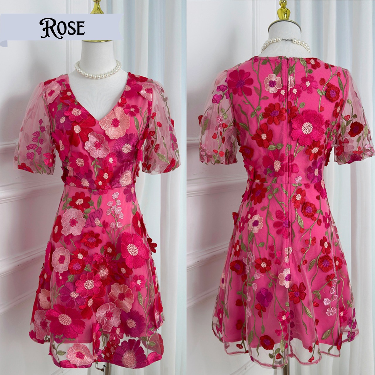 ブラッシュ・ペタル　フラワー刺繍五分袖ドレス　M25204