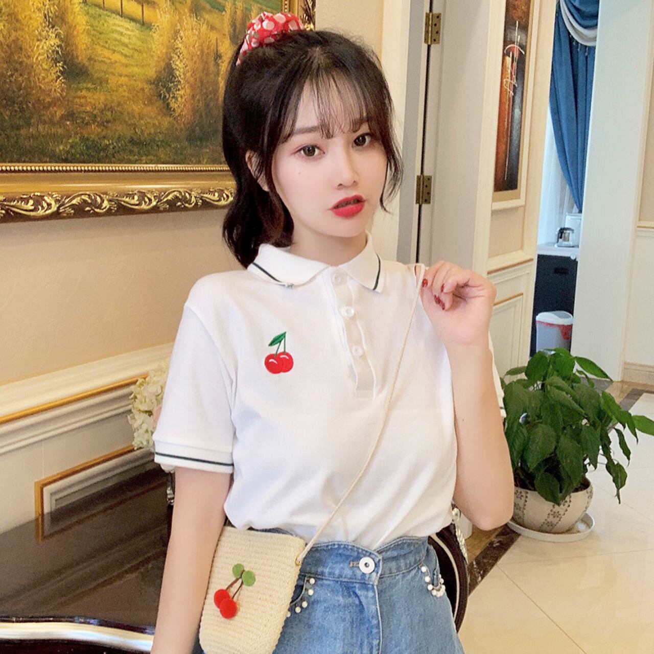 Regit 即納 Fruit Polo Half T Shirt White S S 韓国服 トップス 半袖 ポロシャツ 夏 10代 プチプラ 着回し 着映え フルーツ ネット通販 Tpt062 Regit