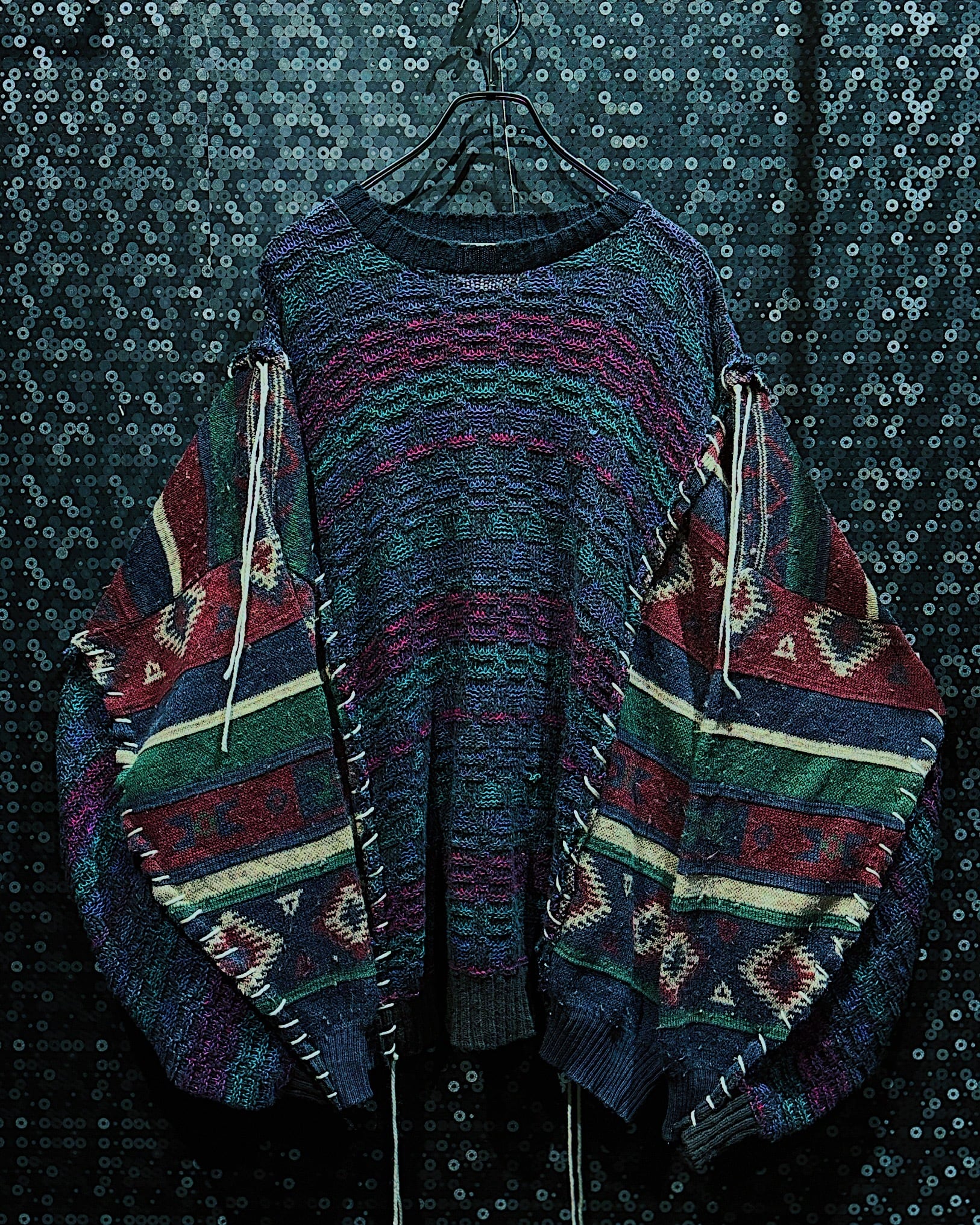 【ÆIEM】“再倖築” vintage Docking Expanded Knit Poncho Structure – Multicolor Tapestry Expansion