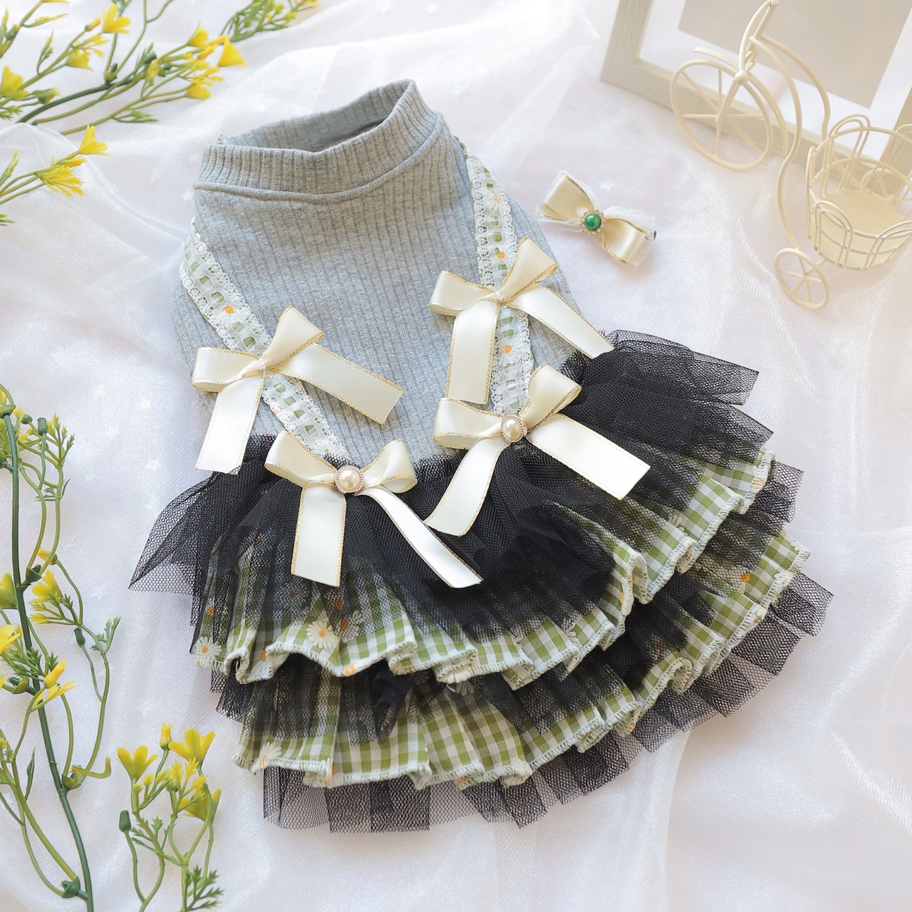 【即納】海外作家さん　デイジーチェックグレーワンピース【YU022】