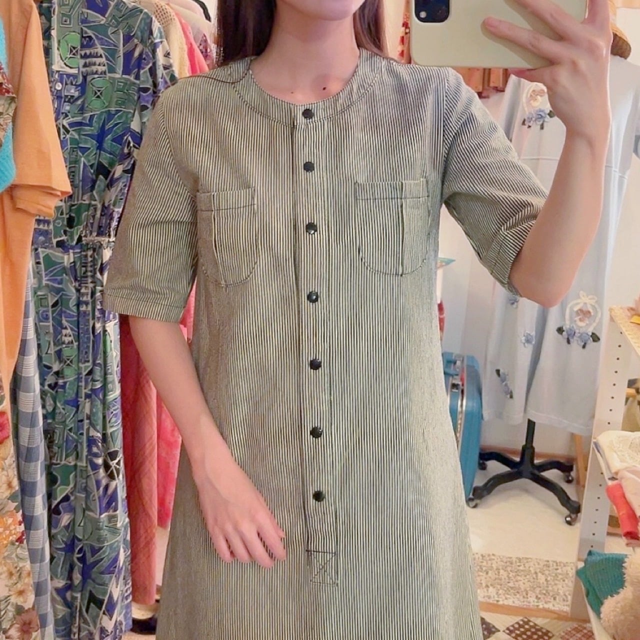 hickory stripe snap button one-piece