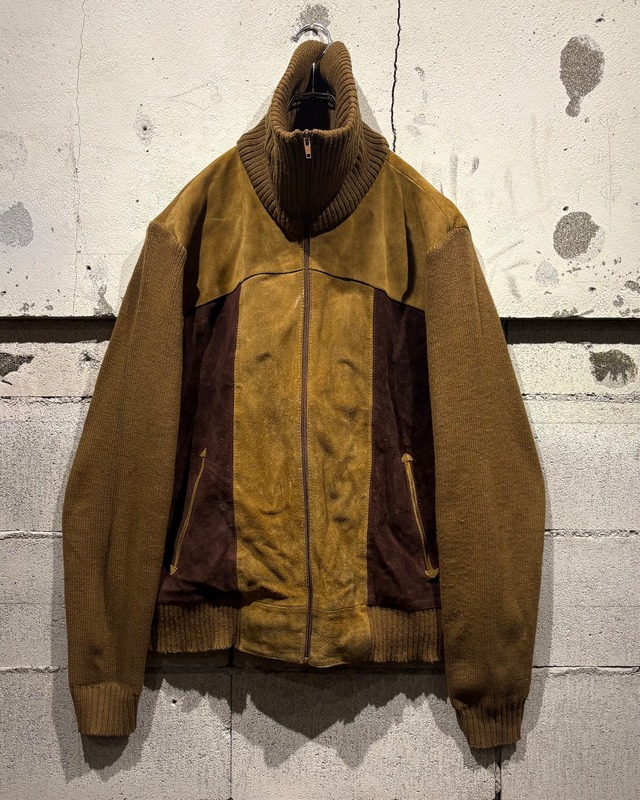 【Caka otto】  Leather Switching Vintage Zip Up Knit Jacket