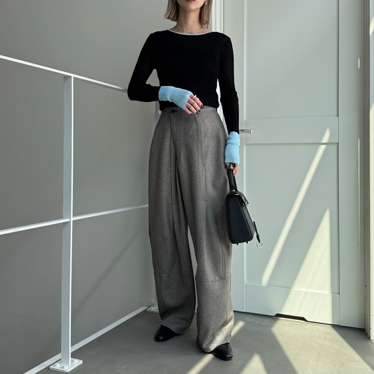 袖バイカラーシアーニットCS/ブラック