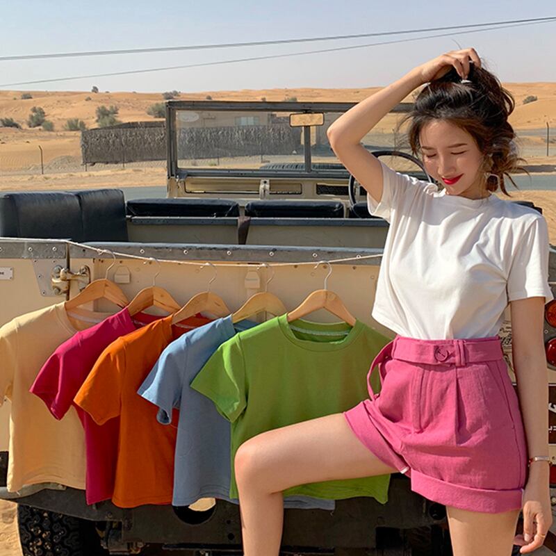 ショートTシャツ レディースサマースタイルソリッド カラールーズトップス 大人ガーリー スウィート キュート カジュアル 夏物 ソリッドカラー YY-ファッション21799517626