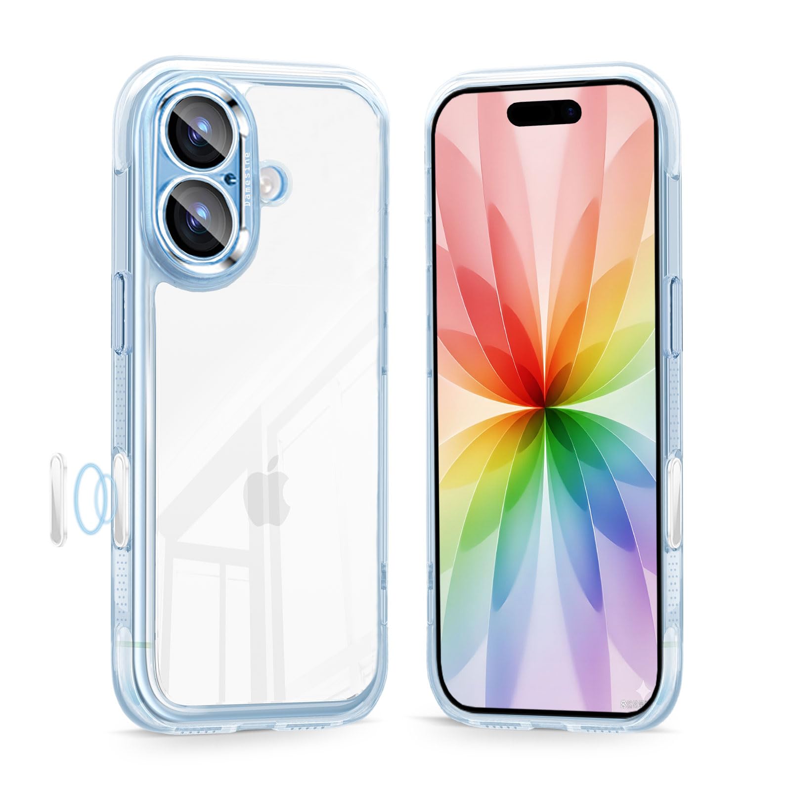 DAMESINE iPhone 17用ケース クリアブルー 薄型 透明 エアクッション内蔵耐衝撃 黄変防止 着脱可能カメラ保護カバー付きキラキラ 4K高透過率レンズフィルム保護 カメラコントロールボタン付き 軽量 可愛いあいふおん17ケース クリアブルー