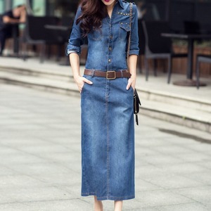 【送料無料】 選べる袖丈2種類☆ ワンピース デニムワンピース デニム 大きいサイズ XS～3XL レディース 前ボタン フロントボタン スタッズ 五分袖 長袖 iラインワンピース iライン 細身 タイトワンピース タイト ハイウエスト ヴィンテージ風 無地 シンプル 体型カバー 細見え 着痩せ 春 春服 秋 秋服 大人 カジュアル 人気 韓国 おしゃれ 20代 30代 40代 50代 ブルー