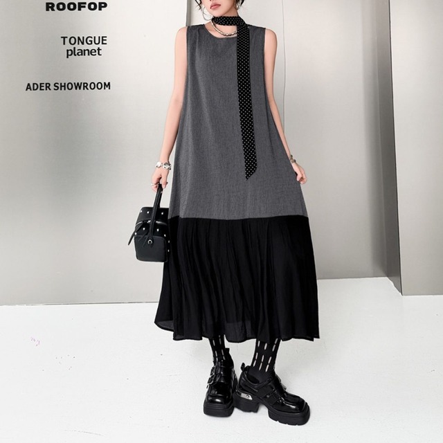 CONTRAST SLEEVELESS RELAXED A-LINE MIDI DRESS M-17753