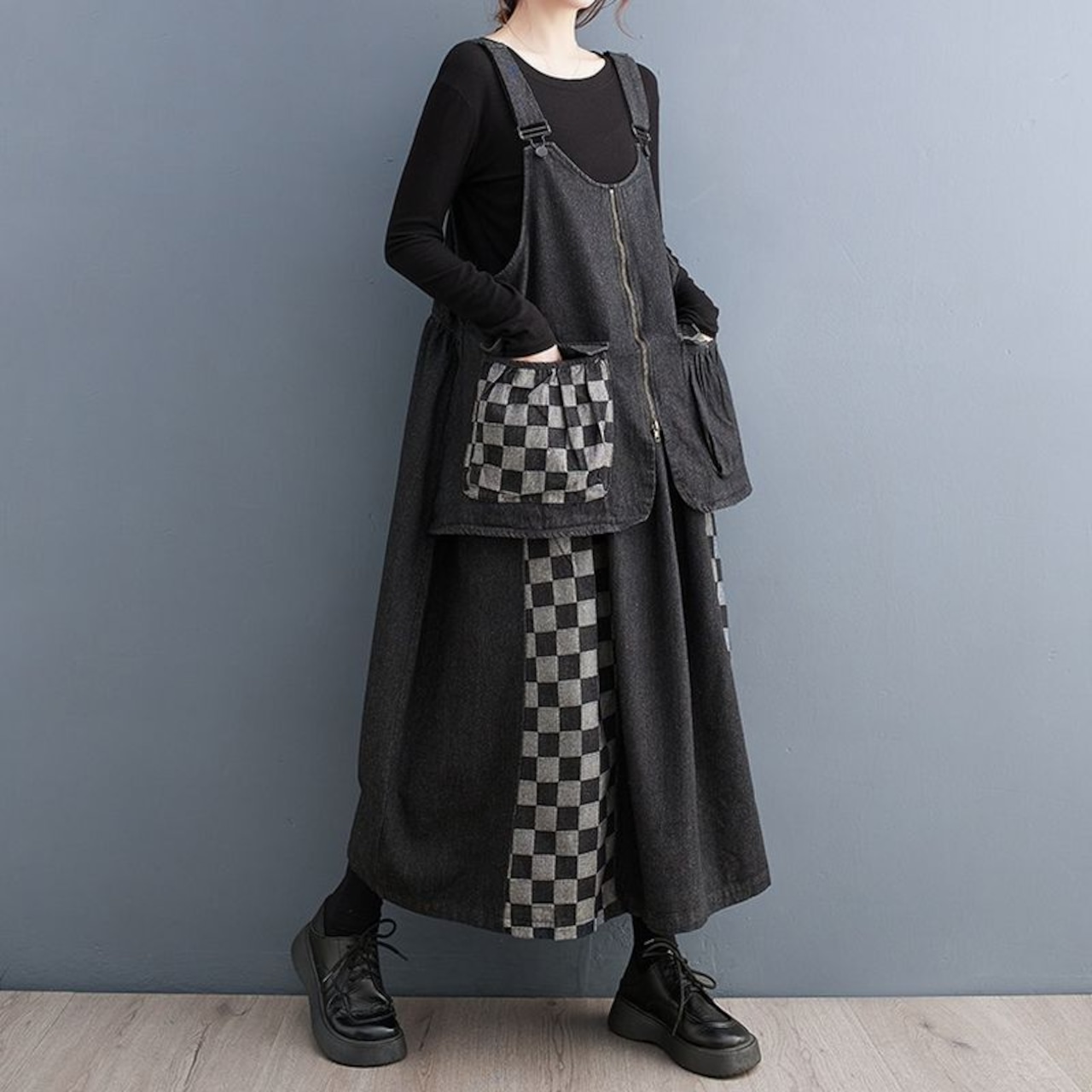 格子柄 デニム切り替え スカート 00109