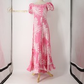 フラダンス 衣装 CC Fashions CCファッション ワンピース ドレス ピンク系 モンステラ柄 プルメリア柄 花柄 植物柄 ハワイアンプリント ハワイアン アロハ フラ ダンス レッスン 練習 ハワイアンダンス ホワイト系 フリル パフスリーブ フレアスカート 華やか かわいい おしゃれ