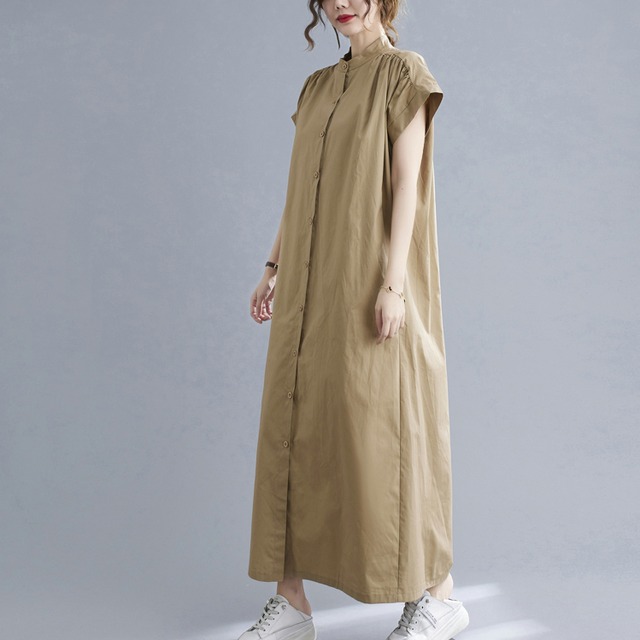 マキシワンピース Aライン 半袖 シャツ 切替 ノースリーブ 前開き ボタン モックネック 無地 シンプル きれいめ 夏 シャツワンピ 襟付き カーキ 黒 ロング丈 ゆったり ギャザー カジュアル Rx1222 Raxia ラクシア