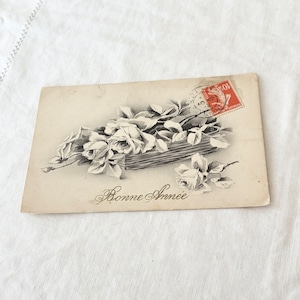 フランスアンティーク ポストカード |モノクロ 薔薇の花 クラシックな消印 | 1900年代初頭 (D010)