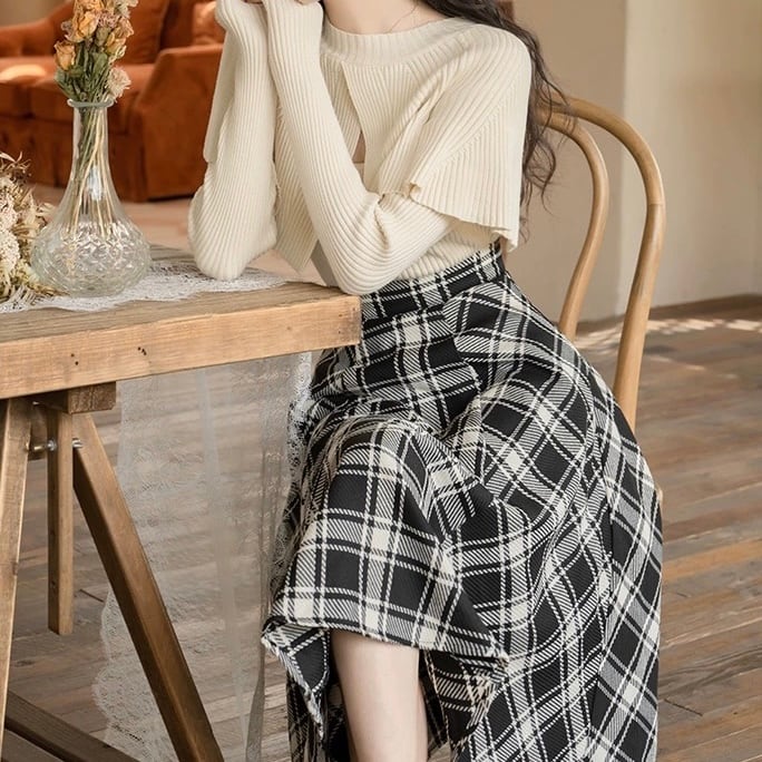 ケープ風ニットトップス×フェミニンチェックスカートセット✽L113